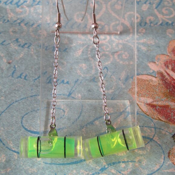 Spirit Bubble Level Long Chain Upcycled Funny Joke Earrings - Picture 4 of 4